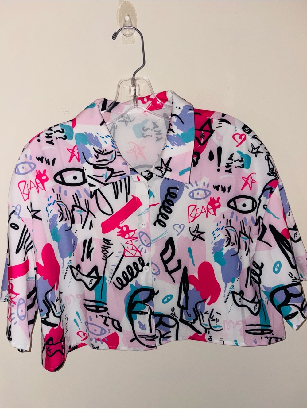 Abstract Graffiti Print Crop Button-Up Top - Pink, Purple, Teal